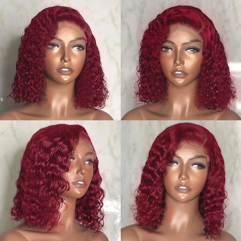 99J Burgundy Short Deep Wave Wig – 13x4 HD Lace Front, Glueless Brazilian Human Hair (14 Inch)