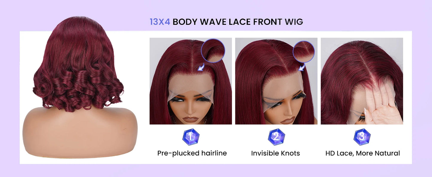 250% Density Burgundy Red #99J Short Bob Wig 13x4 HD Lace Front Wig Loose Deep Wave Bob Wigs 100% Human Hair Lace Wigs For Women