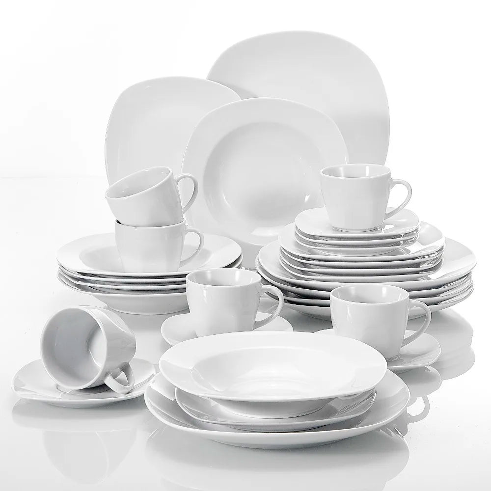 MALACASA Elisa 30-Piece Porcelain Dinnerware Set | 6-Person Ceramic Tableware with Plates, Cups & Saucers – Modern Classic Design