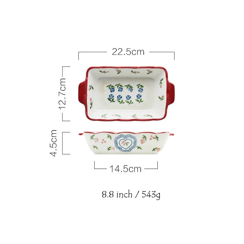 Red Cherry Ceramic Baking Dish – European Style Oval Dinner Plate & Ovenware Tray for Pasta, Chicken, and Desserts