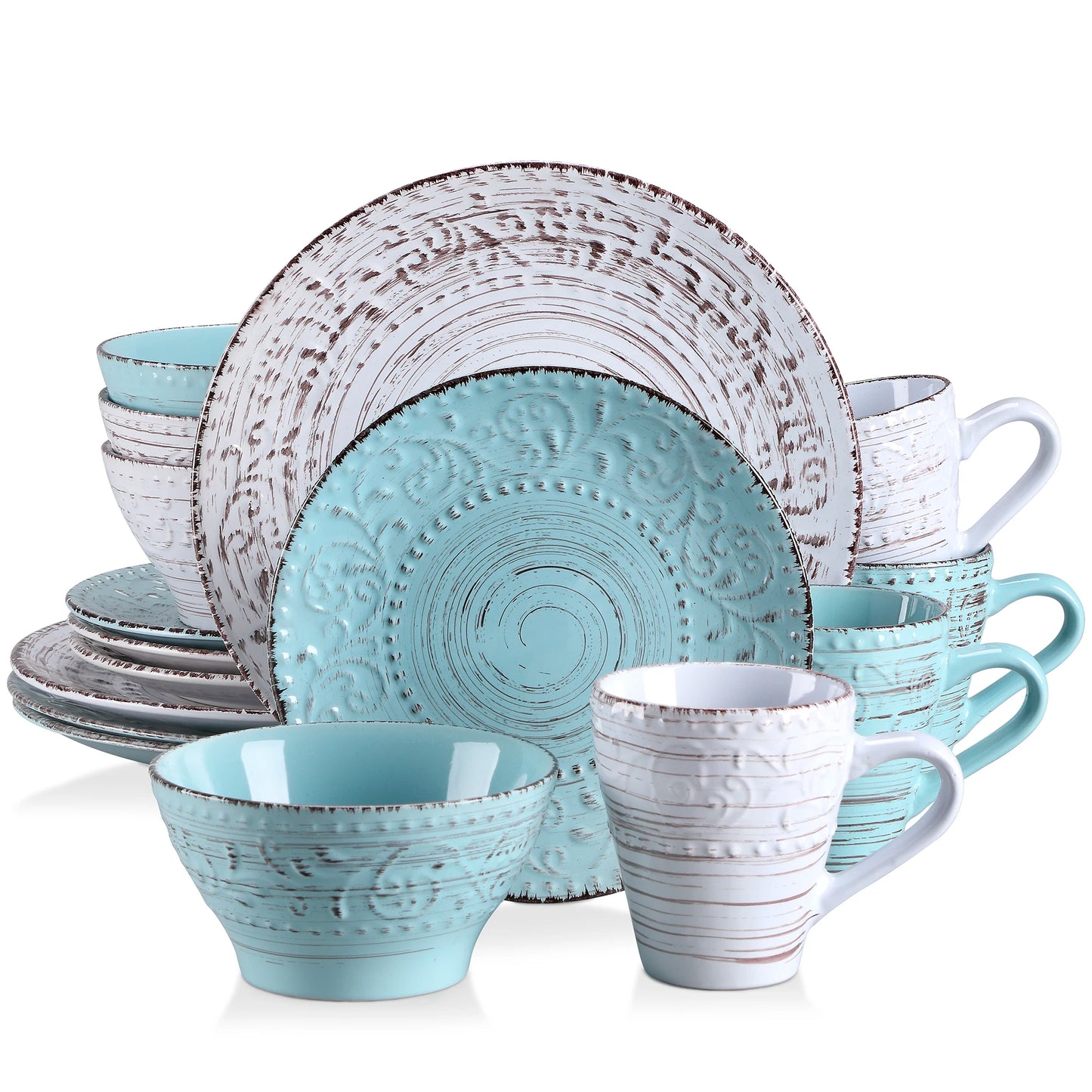 Vancasso VINE 16/32/48-Piece Ceramic Dinnerware Set | Rustic Stoneware Plates, Bowls & Mugs for 12-Person Dining