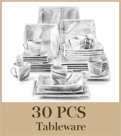 MALACASA 30/60-Piece Marble Grey Porcelain Dinnerware Set | Modern Tableware for 6–12 Persons with Plates, Cups & Saucers