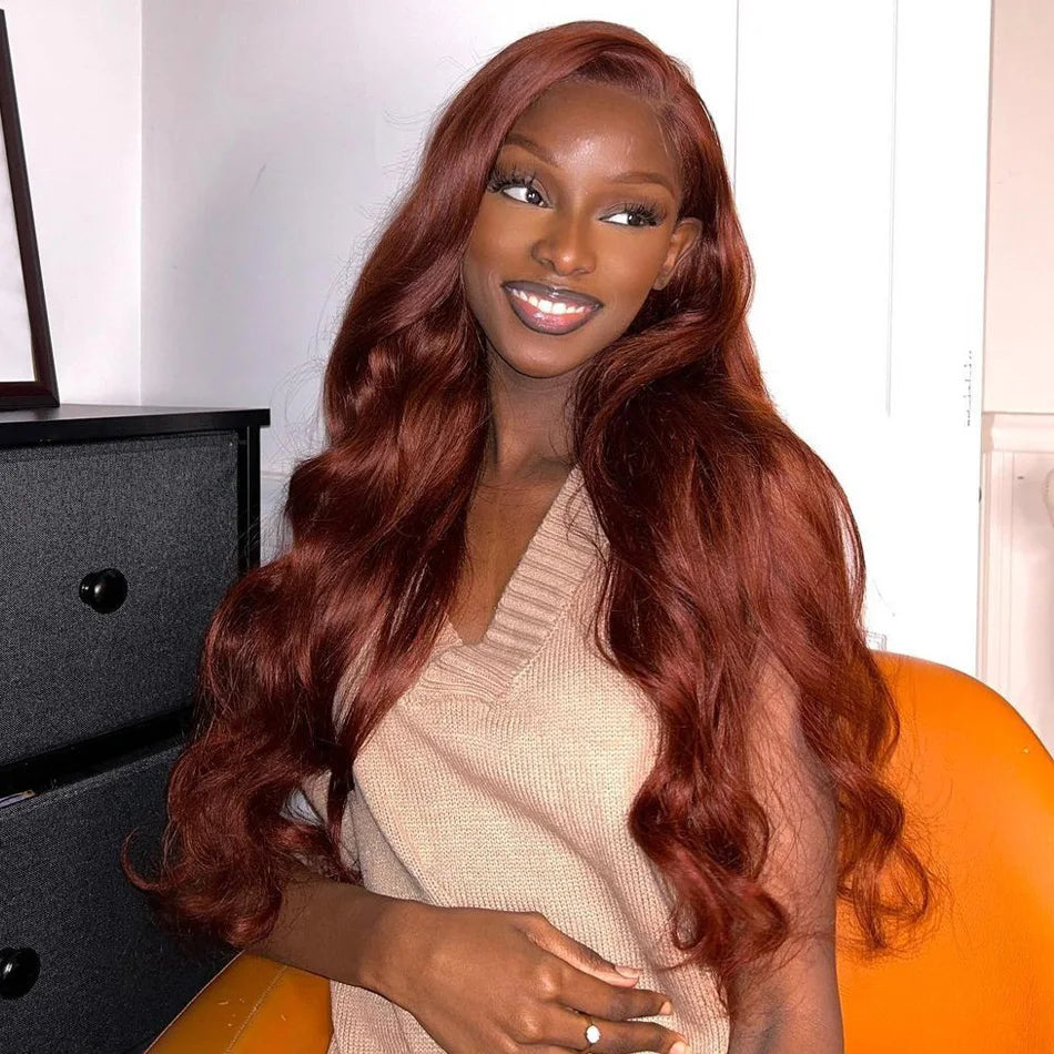 13x4 Reddish Brown Body Wave HD Transparent Lace Front Human Hair Wig #33