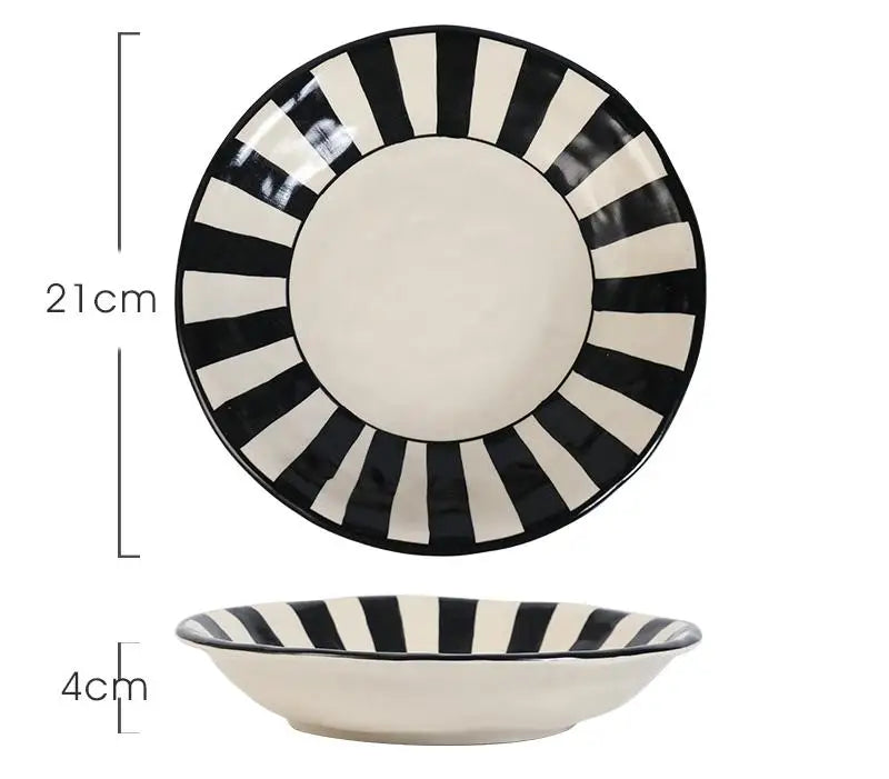 Ins Style Striped Ceramic Bowl – Handcrafted Black & White Tableware for Breakfast, Noodles, Fruits & Desserts