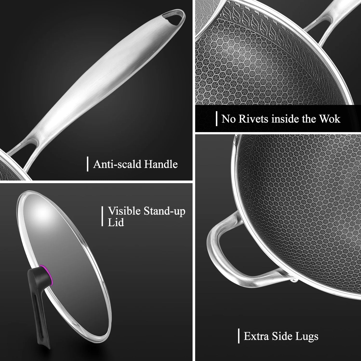 13-Inch Hybrid Stainless Steel Wok with Lid – PFOA-Free Nonstick Cookware