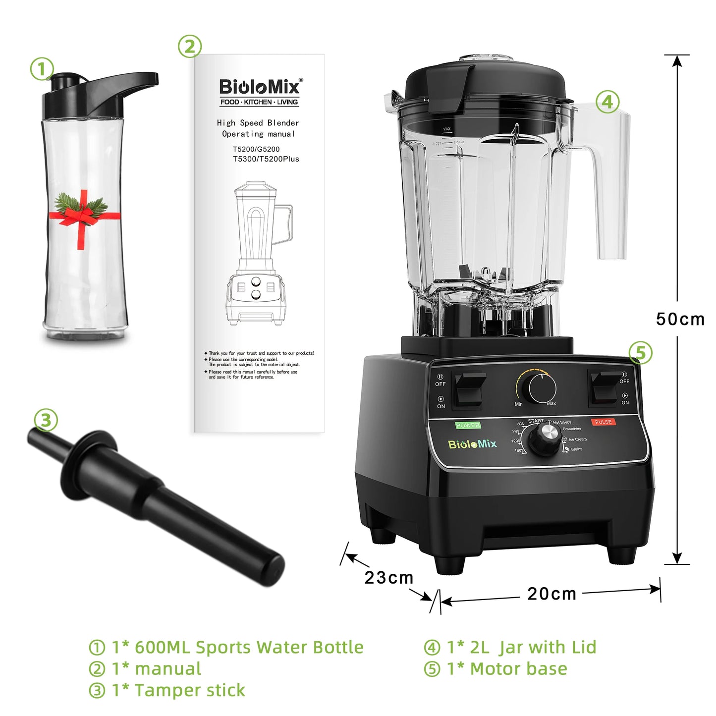 Biolomix 2L Professional Blender – 2200W, Smart Timer, Pre-Programmed