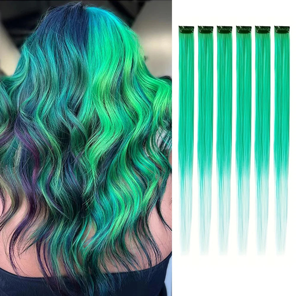 Colored Party Highlight Clip-In Hair Extensions | Synthetic Straight | 6pcs 70g | 22 Inch | Multi-Color