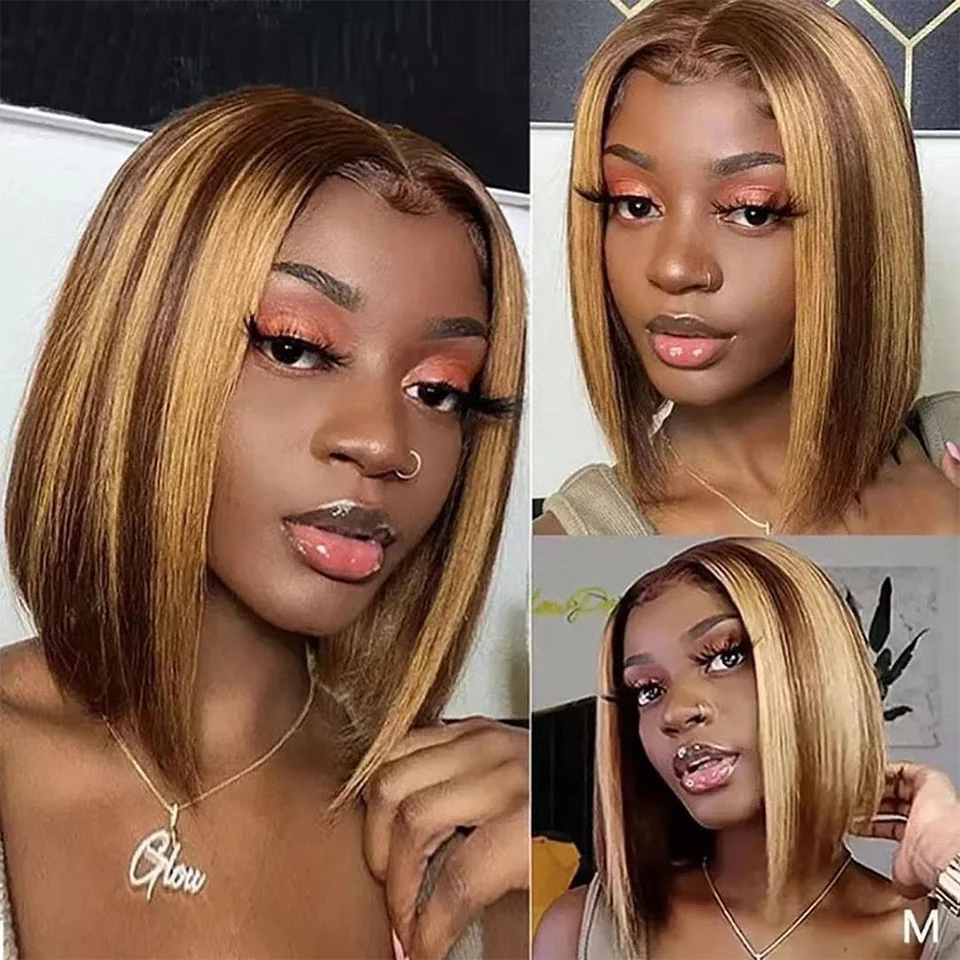 4/27 Ombre Highlight Straight Bob Human Hair Wig 13x4 Transparent Lace Front (Remy, Pre-Plucked)