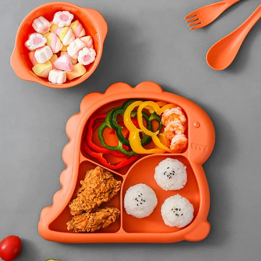 Dinosaur Baby Tableware Set – Large 3-Compartment Plate with Spoon & Fork for Balanced Meals