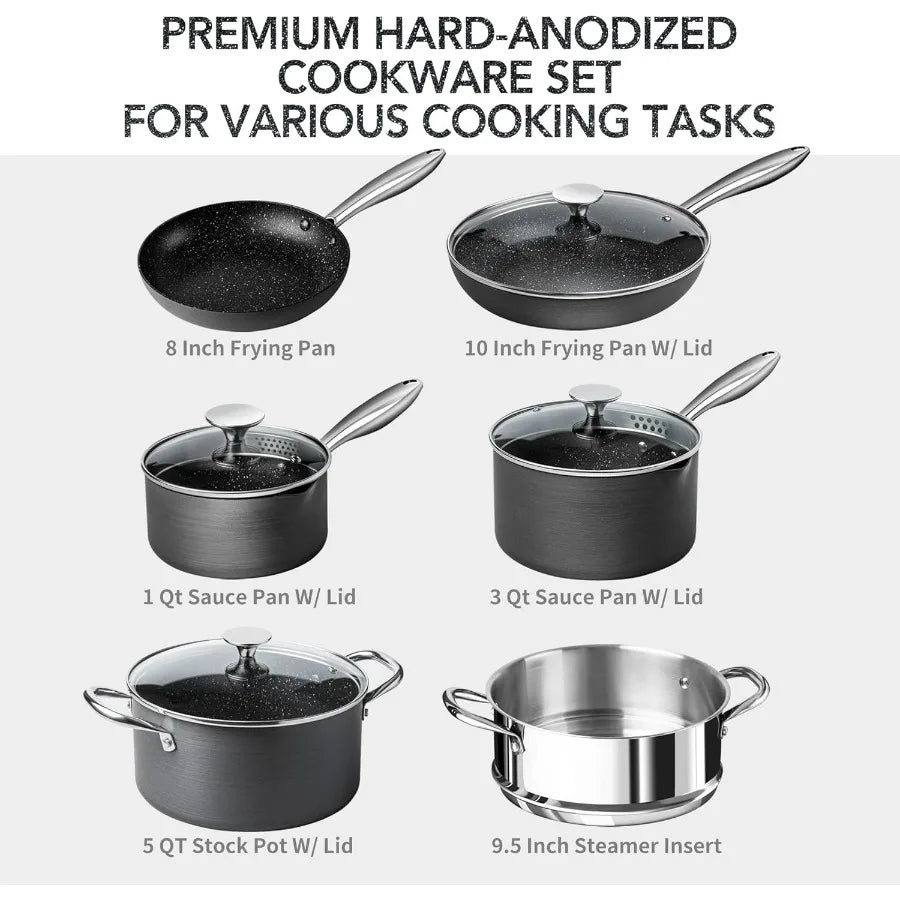 Hard Anodized 10-Piece Cookware Set – Nonstick Granite Pots & Pans with Steamer