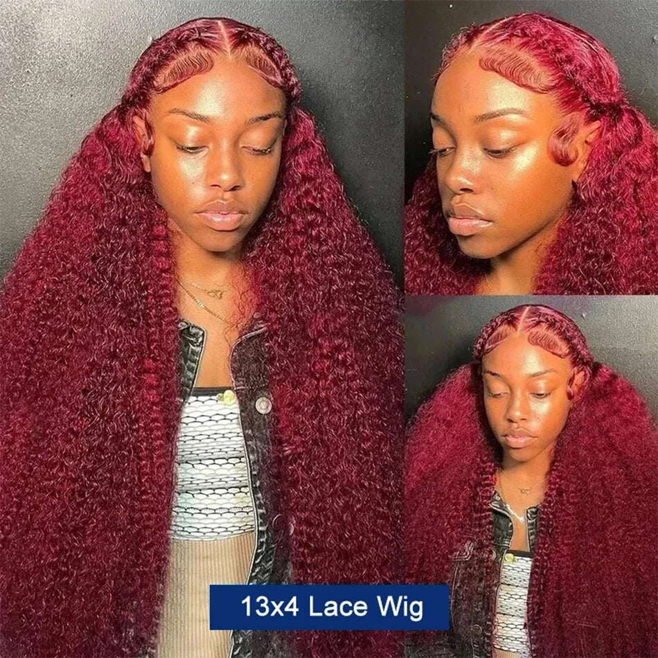 99J Burgundy Deep Wave HD Lace Front Wig – 13x6 & 13x4 Human Hair Frontal, Long Curly Red Wig