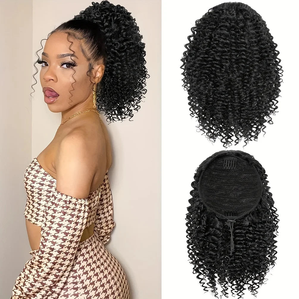 Short Afro Kinky Curly Clip-In Ponytail Extension | Synthetic Hair Piece for Black Women | 10 Inch