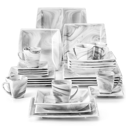 MALACASA 30/60-Piece Marble Grey Porcelain Dinnerware Set | Modern Tableware for 6–12 Persons with Plates, Cups & Saucers