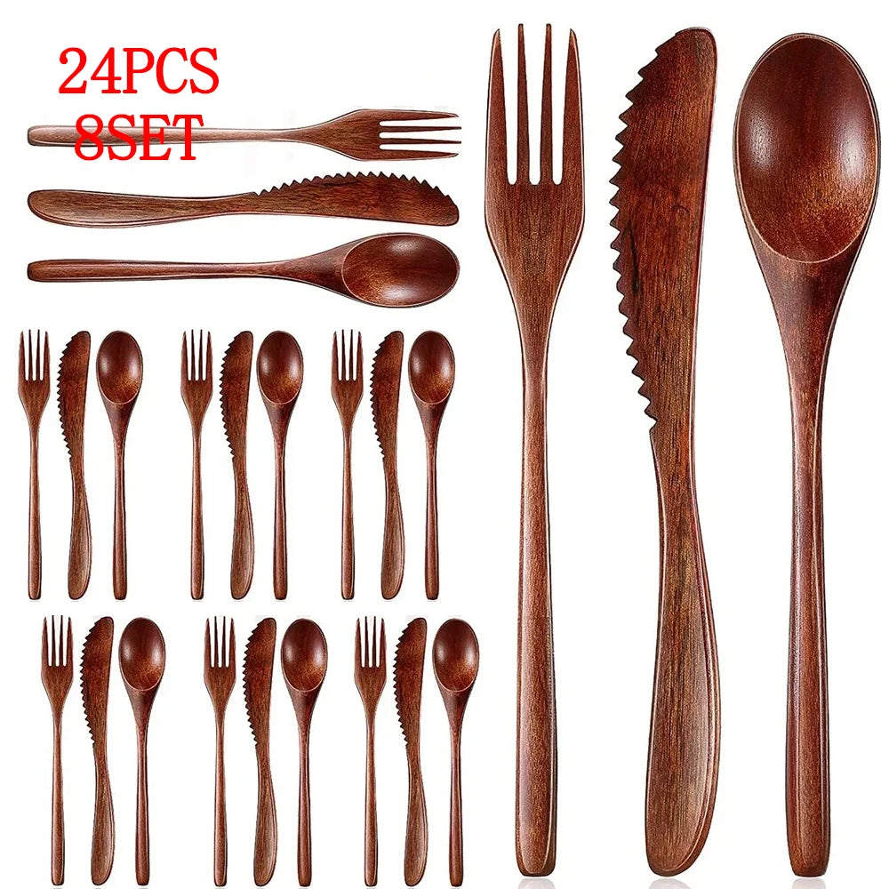 Wooden Spoon & Fork Set – 12/24PCS Natural Eco-Friendly Tableware