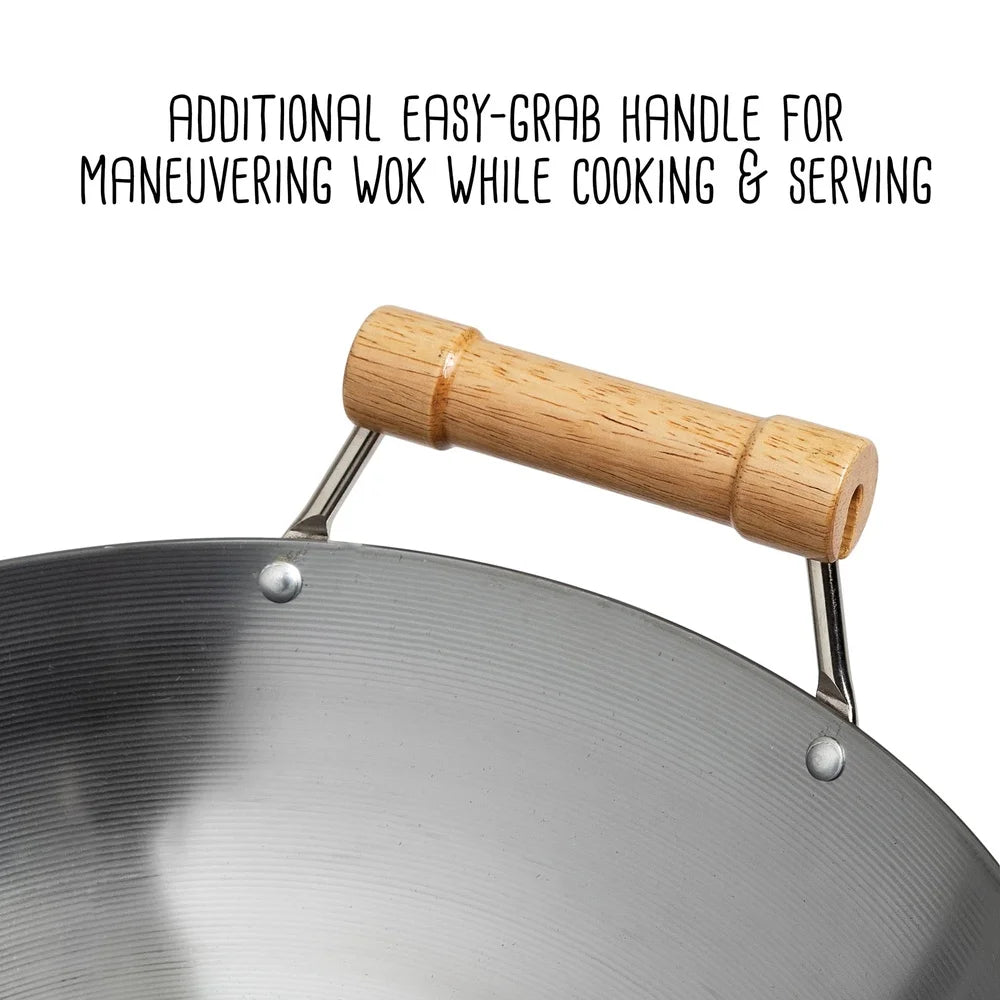 14-Inch Carbon Steel Wok – Round Bottom, Birch Handles, Induction Safe