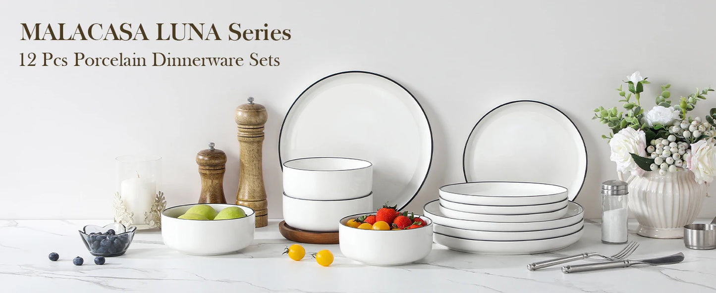 MALACASA 12/24-Piece Porcelain Dinnerware Set – Black Rim Ceramic Plates & Bowls for 4 Person Dining