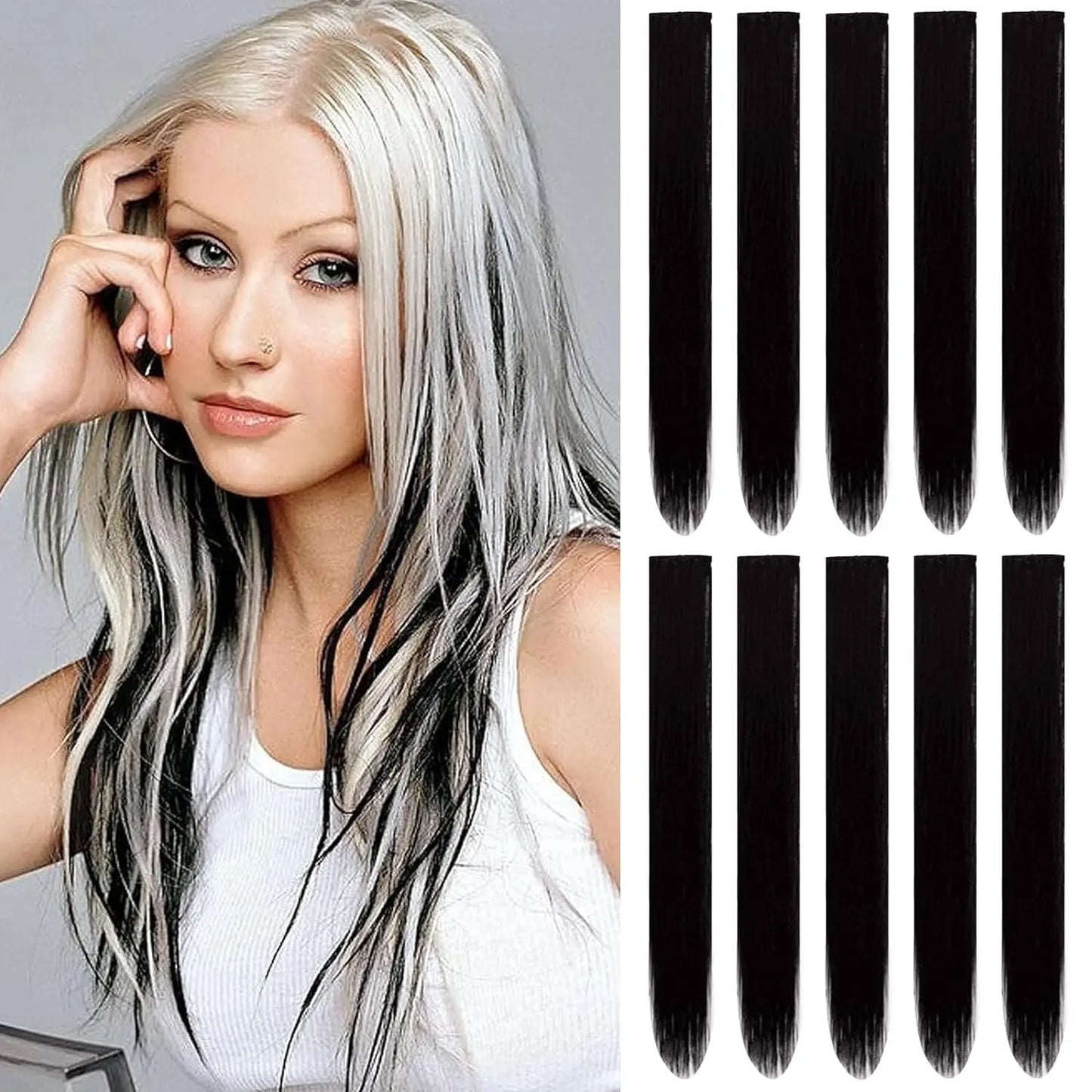 Colored Highlight Clip-In Hair Extensions | Synthetic Straight | 10pcs | Multi-Color | Party & Cosplay