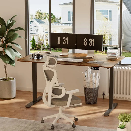55" Height Adjustable Electric Standing Desk – Rustic Brown Top, Black Leg | Home Office Computer Workstation