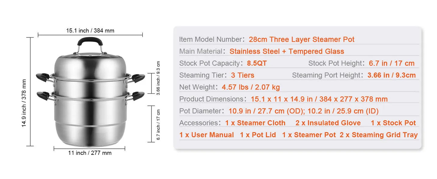 SucceBuy 3-Tier Stainless Steel Steamer Pot 28cm – 8.5QT Cookware