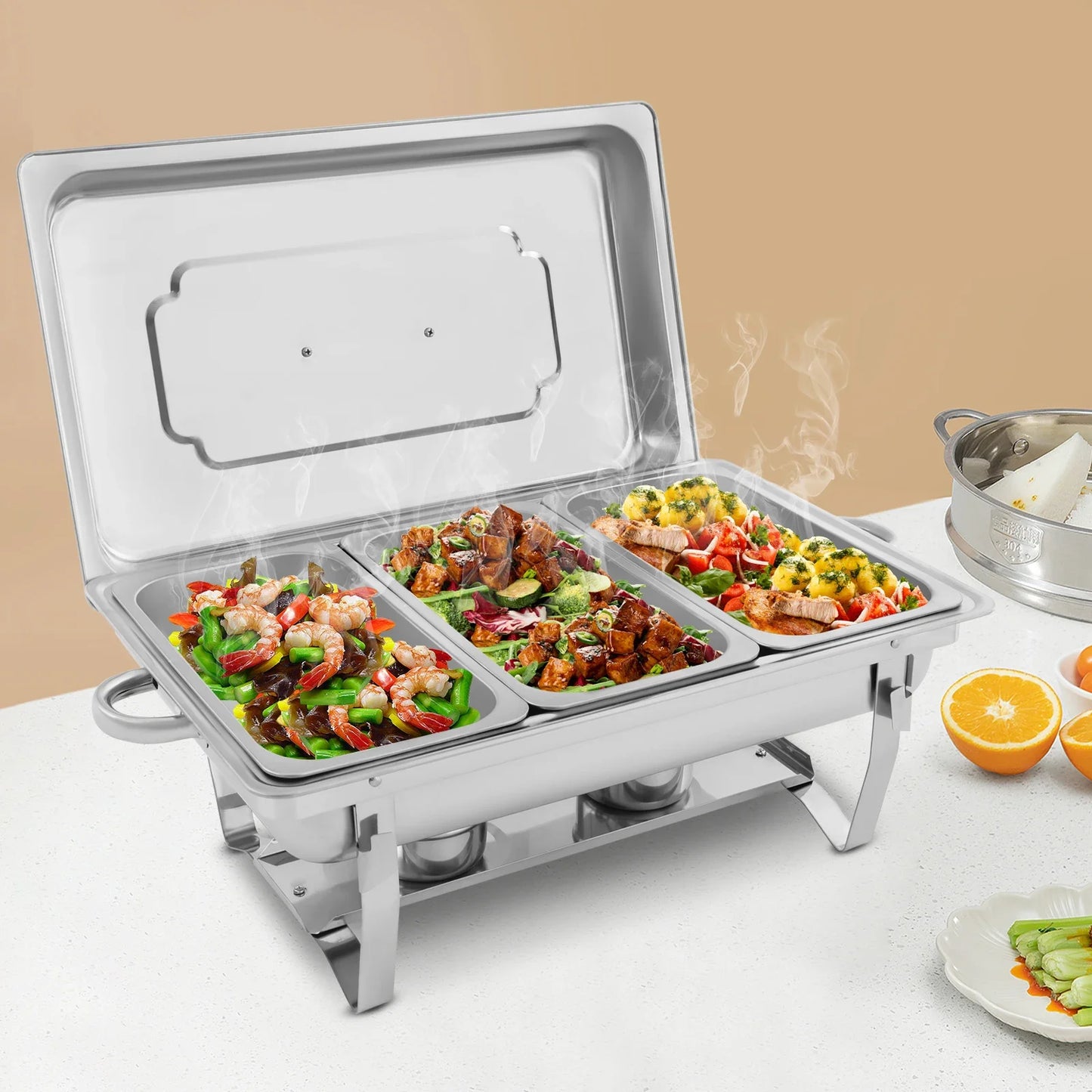 3-Compartment Chafing Dish Buffet Set | Stainless Steel Food Warmer with Lid & Heating Tray – 2.5L Each