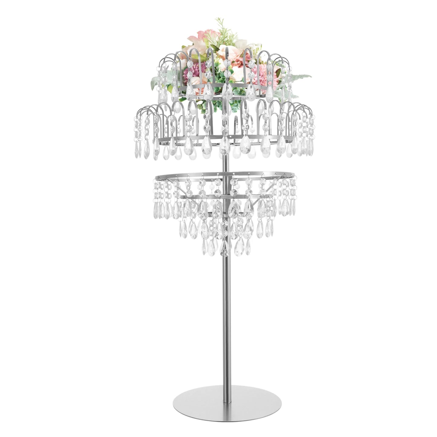 5-Tier Crystal Fountain Flower Stand – Silver & Gold Freestanding Centerpiece for Wedding, Party & Home Décor