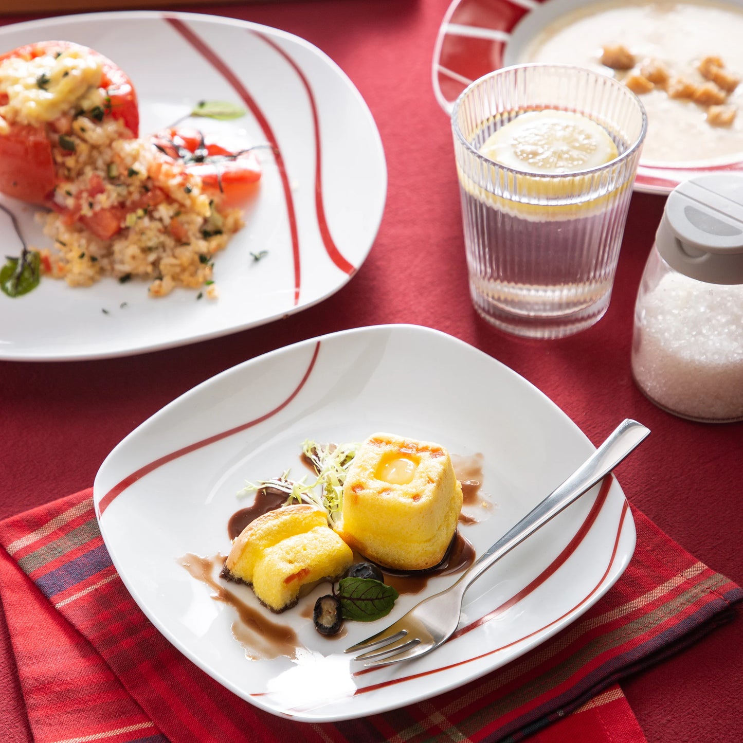 MALACASA Felisa 30-Piece Red Stripe Porcelain Dinner Set, Elegant Ivory Tableware for 6