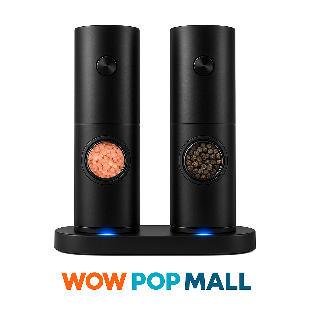 Electric Automatic Salt & Pepper Grinder Set with Base – Battery Powered, LED Light & Adjustable Coarseness