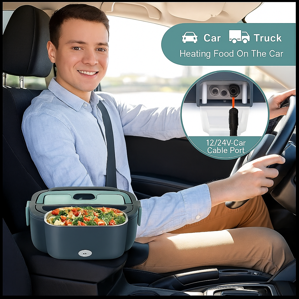 1.5L Electric Heated Lunch Box – 60W Portable Food Warmer for Car, Office & Home | Leak-Proof Stainless Steel Bento