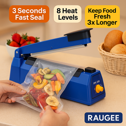 Raugee PFS-200 Electric Heat Bag Sealing Machine – Fast Heating Impulse Plastic Sealer for Food, Snacks & Packaging Bags
