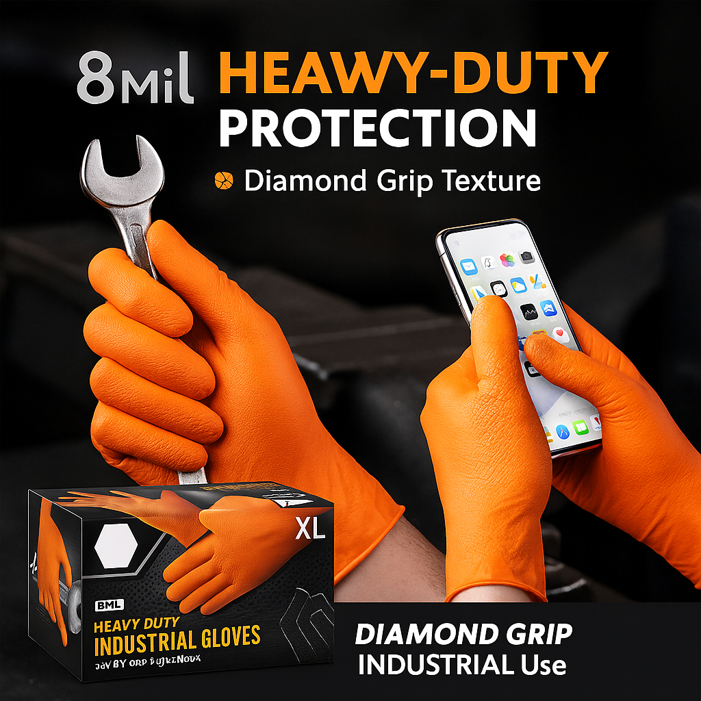 Heavy Duty 8Mil Orange Nitrile Gloves – Industrial Disposable Work Gloves with Diamond Grip for Mechanics & Cleaningg