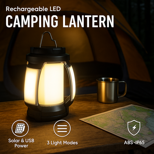 Rechargeable LED Camping Lantern with Solar & USB Power | Portable Folding Tent Light for Hiking, Fishing & Outdoor Use