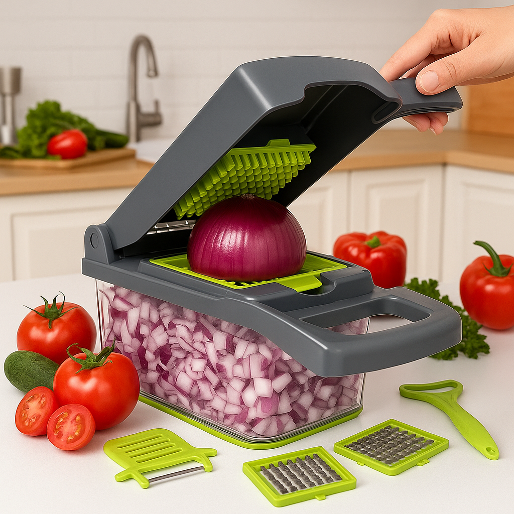 Multifunctional Vegetable Chopper 14/16-in-1 | Food Slicer, Dicer & Grater with Container – Stainless Steel Blades