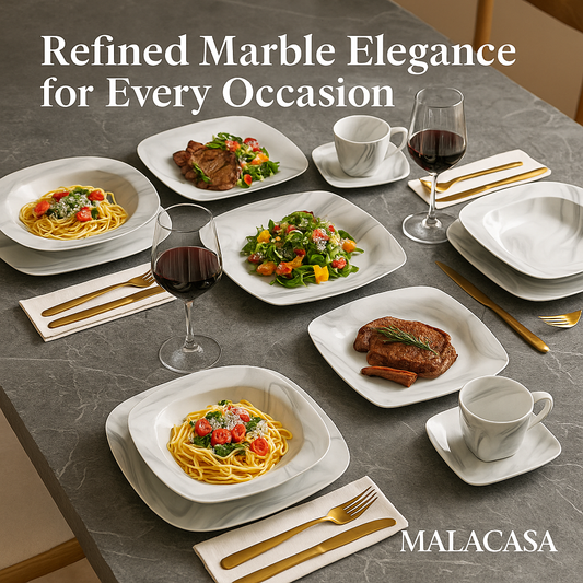 MALACASA 30/60-Piece Marble Grey Porcelain Dinnerware Set | Modern Tableware for 6–12 Persons with Plates, Cups & Saucers