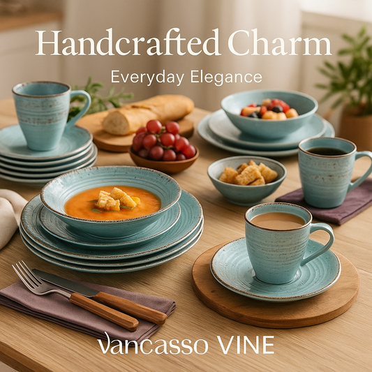 Vancasso VINE 16/32/48-Piece Ceramic Dinnerware Set | Rustic Stoneware Plates, Bowls & Mugs for 12-Person Dining
