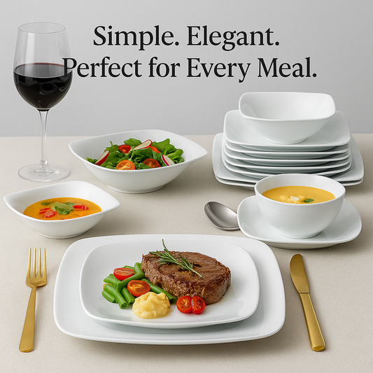 MALACASA JULIA 18-Piece Porcelain Dinnerware Set | 6-Person Modern White Ceramic Plates – Dinner, Soup & Dessert Set