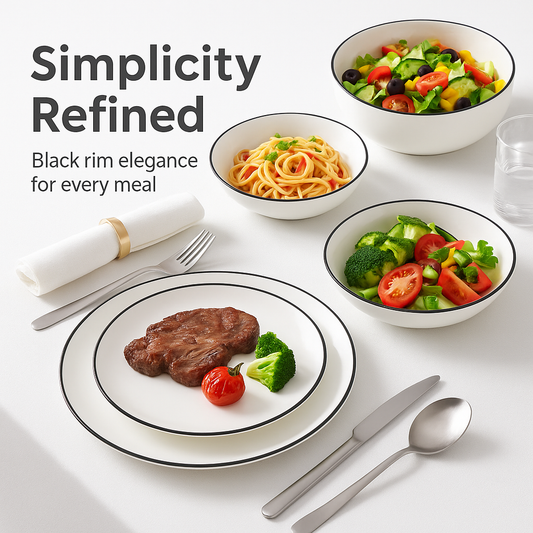 MALACASA 12/24-Piece Porcelain Dinnerware Set – Black Rim Ceramic Plates & Bowls for 4 Person Dining