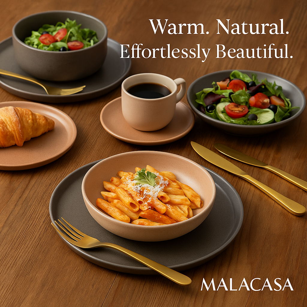 MALACASA TARA 12/24-Piece Stoneware Dinnerware Set – Curved Edge Sesame Glaze Plates & Bowls for 4/6 Person Dining