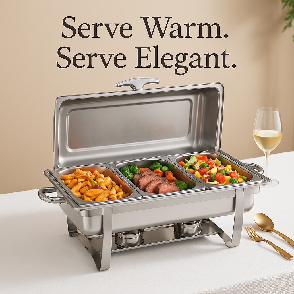 3-Compartment Chafing Dish Buffet Set | Stainless Steel Food Warmer with Lid & Heating Tray – 2.5L Each