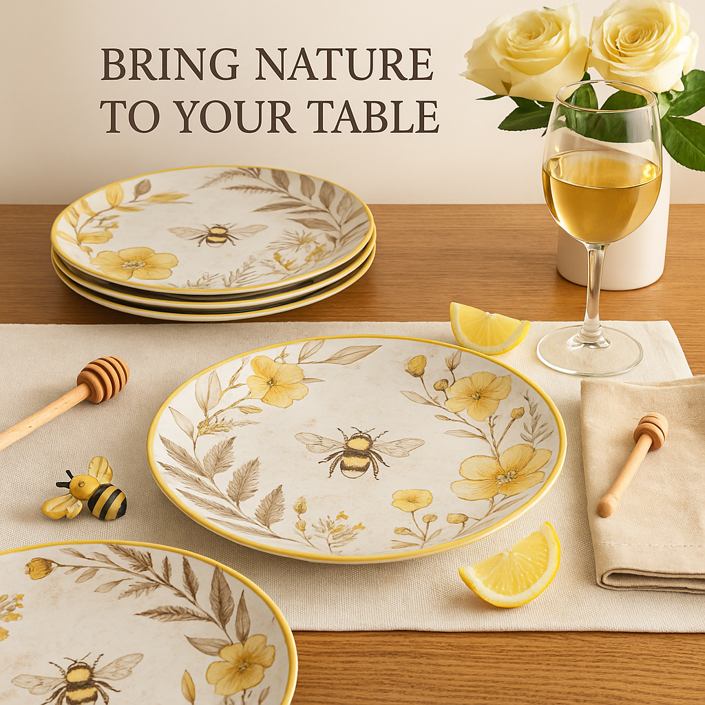 Floral Bee Ceramic Dinner Plates Set of 4 – 10.75" Nature-Inspired Tableware, Dishwasher Safe