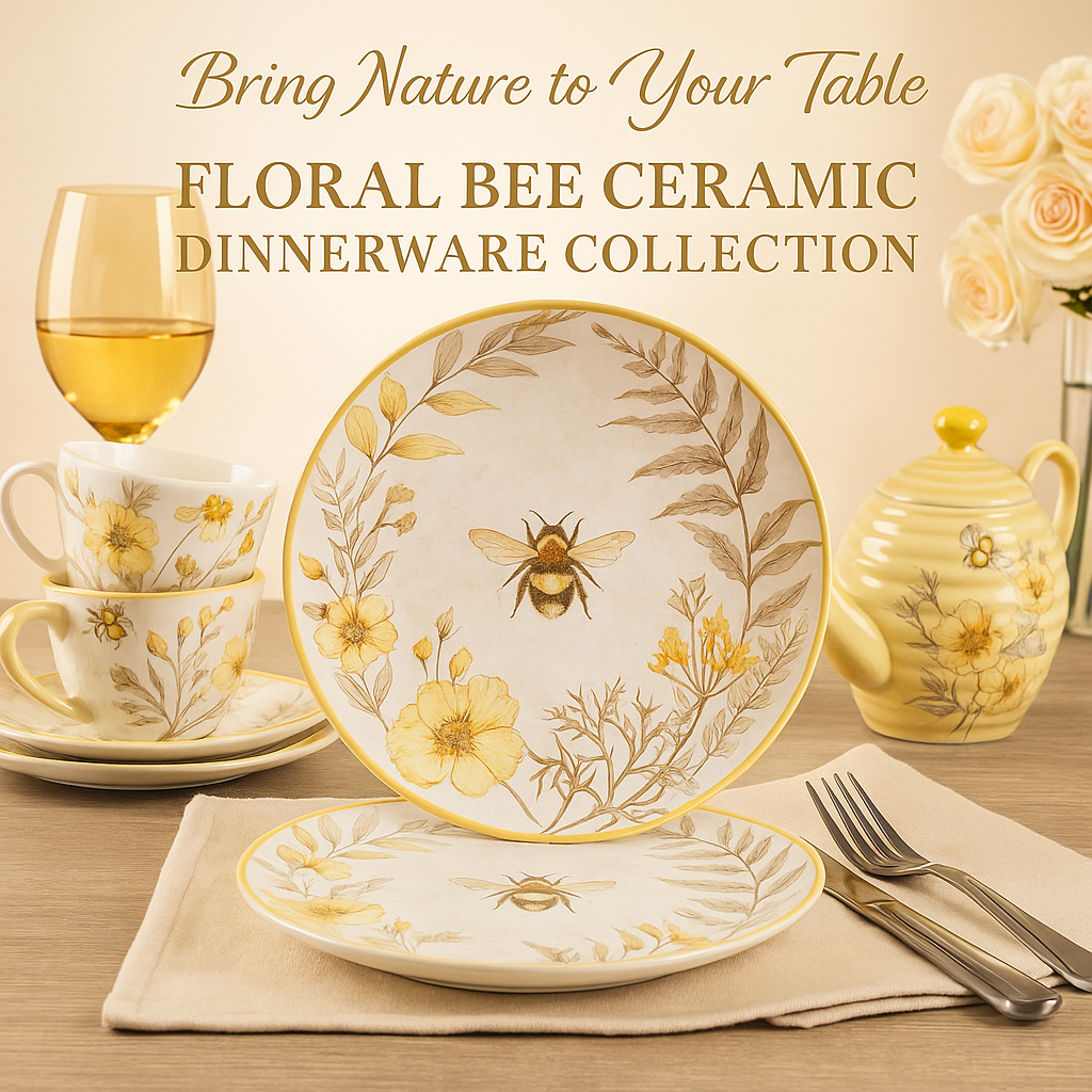 Floral Bee Ceramic Dinner Plates Set of 4 – 10.75" Nature-Inspired Tableware, Dishwasher Safe