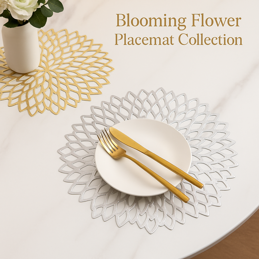 Round Blooming Flower Placemats Set – Modern PVC Heat-Resistant Table Mats for Dining & Events