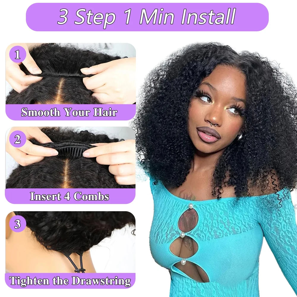 3-in-1 Glueless Kinky Curly Headband Half Wig – Drawstring & Clip-Ins (18–24")