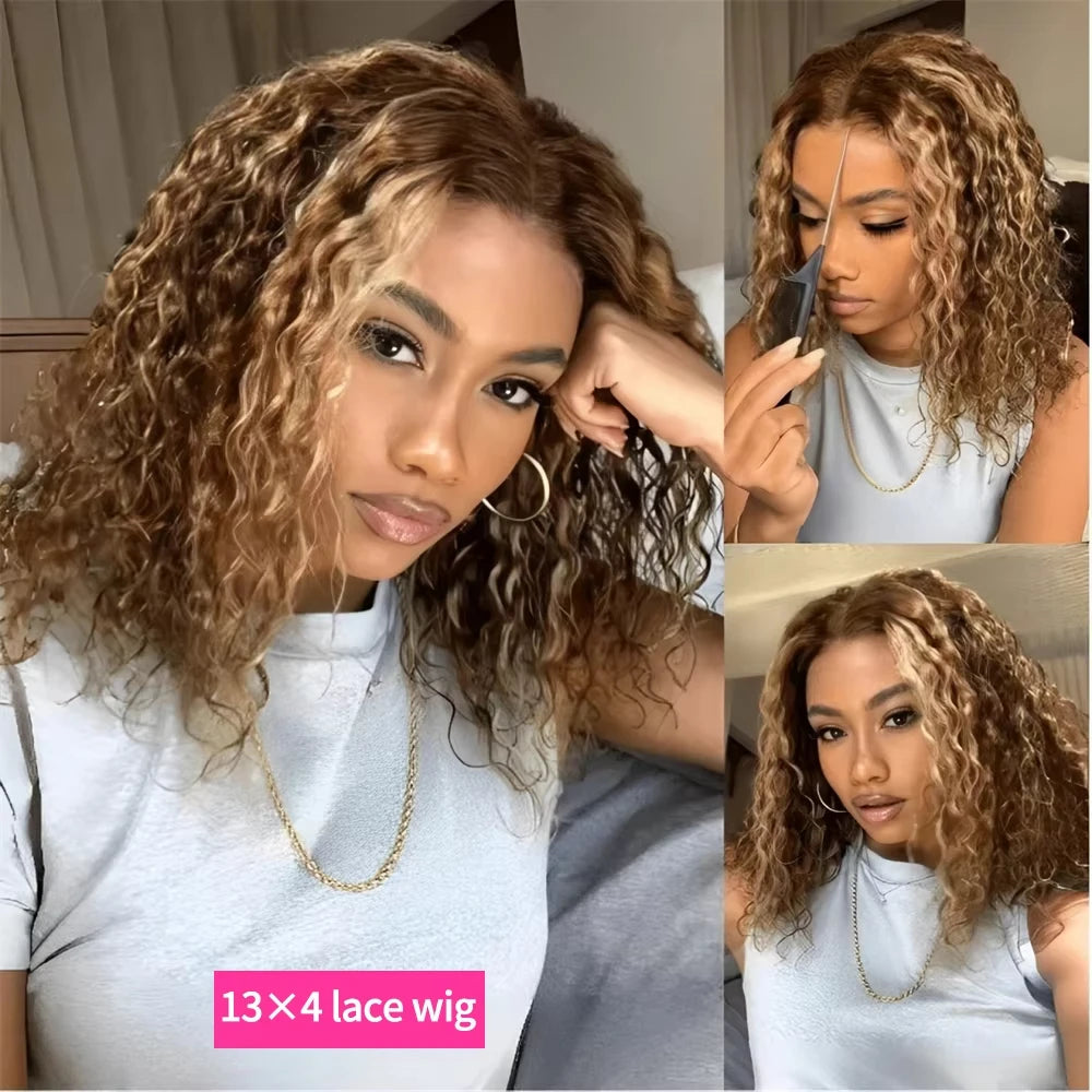 P4/27 Ombre Highlight Deep Wave Curly Bob 13x4 Lace Front Remy Human Hair Wig (Transparent Swiss Lace)