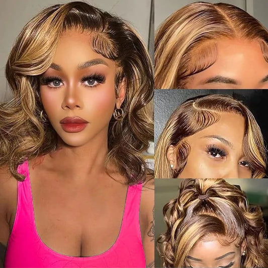 P4/27 Ombre Highlight Body Wave Bob Wig | 13x4 Transparent Lace | Pre-Plucked | 100% Human Hair