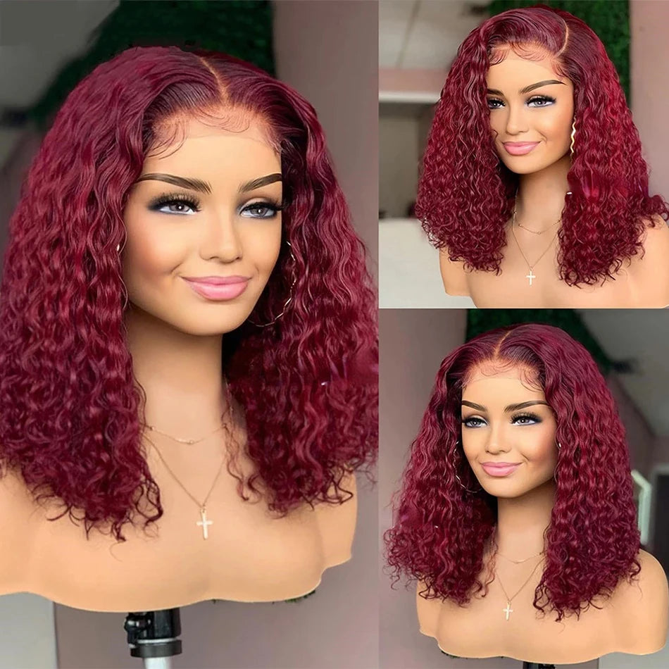 99J Burgundy Deep Curly Bob 13x4 HD Lace Frontal Wig (220% Density, Pre-Plucked, 16")