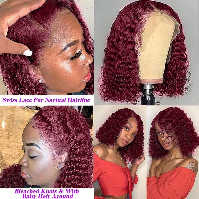 99J Burgundy Short Curly Bob HD Lace Wig (13x4 / 4x4) – Brazilian Remy Human Hair, 200% Density (4–16")