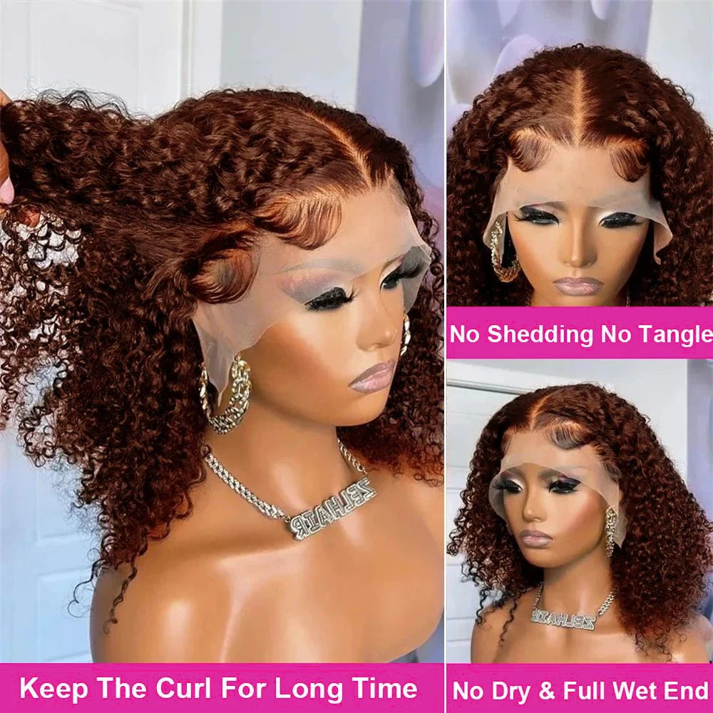 Color 4 Brown Kinky Curly Bob 13x4 Transparent Lace Human Hair Wig (Deep Wave, Short 4–16")