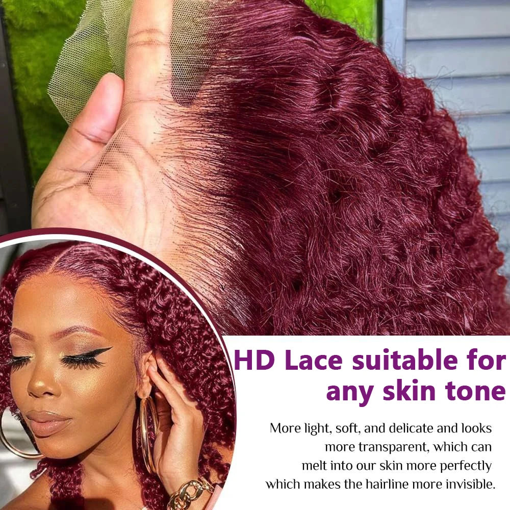 99J Burgundy Deep Curly Bob 13x4 HD Lace Frontal Wig (220% Density, Pre-Plucked, 16")