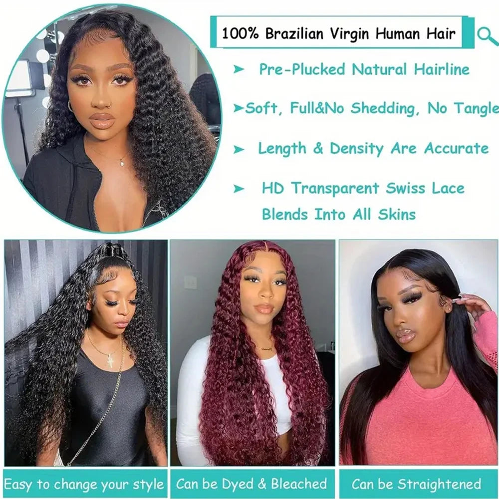 250% Density Glueless Deep Wave Human Hair Wig (5x5 HD Lace Closure, Pre-Cut, No Glue, Large Cap)