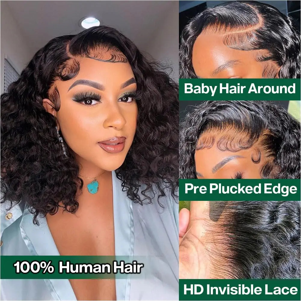 Deep Wave Bob Human Hair Wig 13x4 Invisible Transparent Lace Front (200% Density, #1B Natural Black)